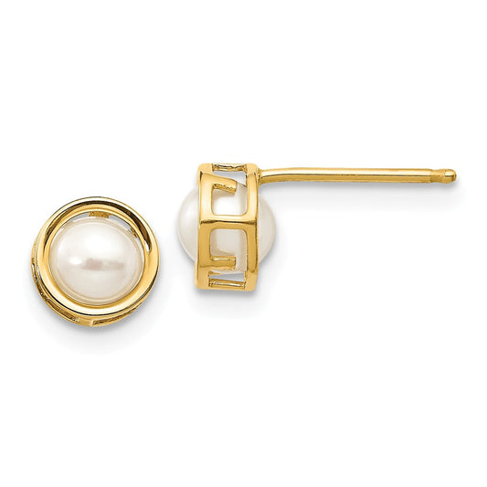 Million Charms 14k Yellow Gold 5mm Bezel Freshwater Cultured Pearl Stud Earrings, 5mm x 5mm