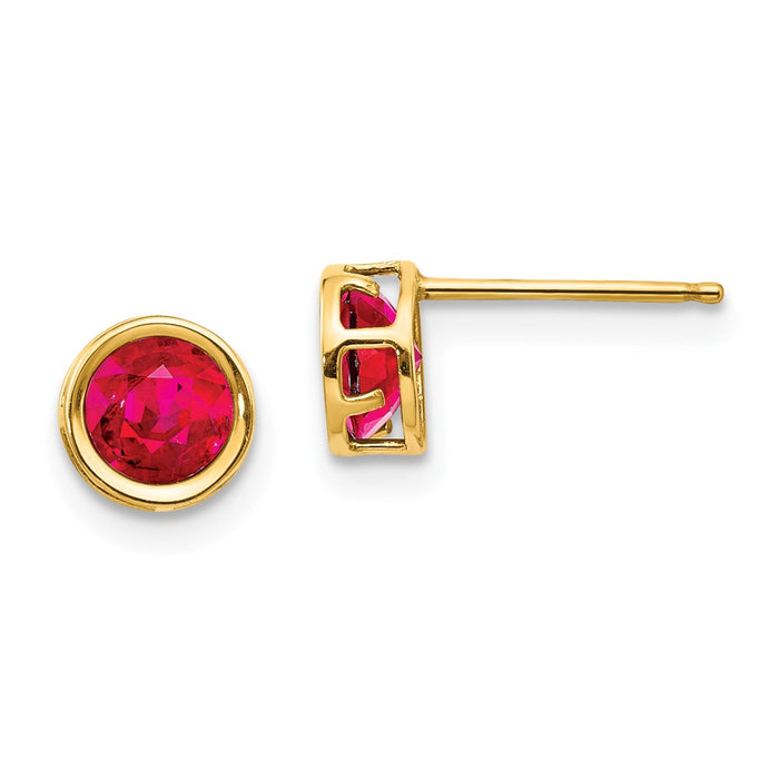 Million Charms 14k Yellow Gold 5mm Bezel Ruby Stud Earrings, 5mm x 5mm