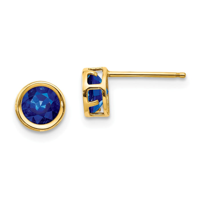 Million Charms 14k Yellow Gold 5mm Bezel Sapphire Stud Earrings, 5mm x 5mm