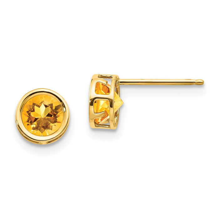 Million Charms 14k Yellow Gold 5mm Bezel Citrine Stud Earrings, 5mm x 5mm