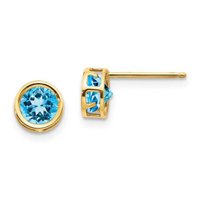 Million Charms 14k Yellow Gold 5mm Blue Topaz Bezel Set Stud Earrings, 5mm x 5mm