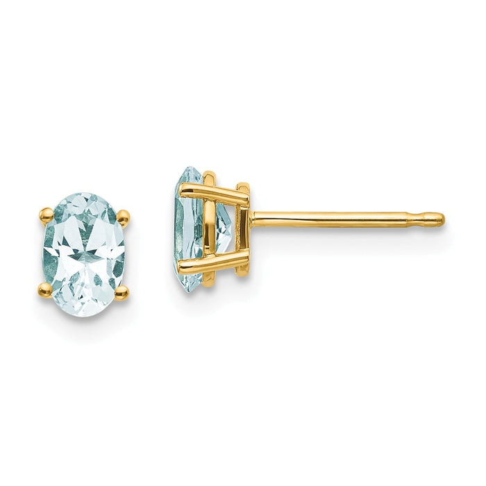 Million Charms 14k Yellow Gold 6x4 Oval March/Aquamarine Post Earrings, 6mm x 4mm