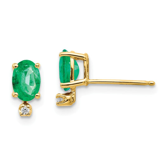 14k Yellow Gold Diamond & Emerald Birthstone Earrings, 8mm x 5mm