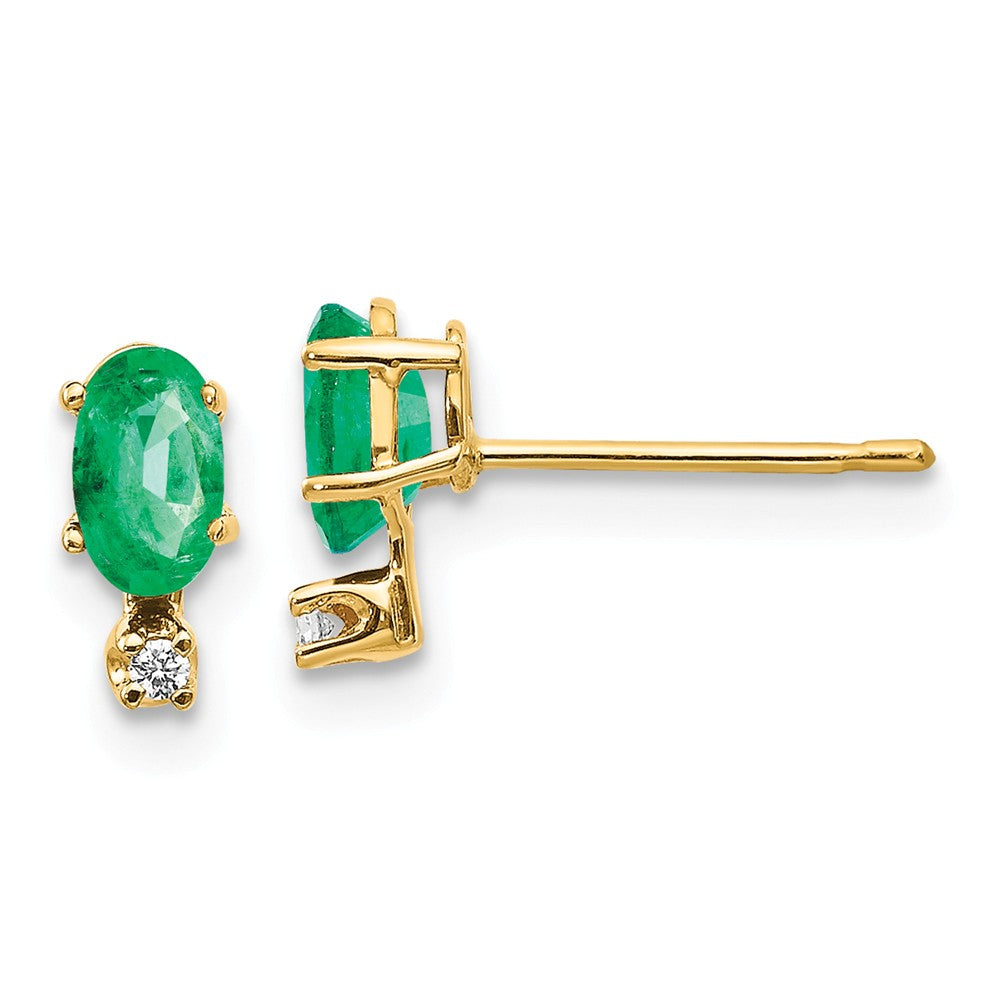 14k Yellow Gold Diamond & Emerald Birthstone Earrings, 7mm x 3mm