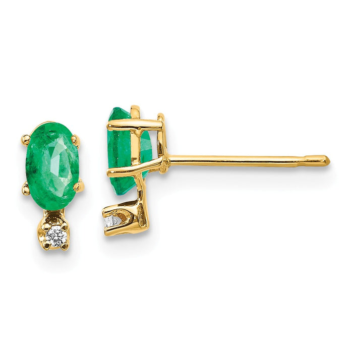 14k Yellow Gold Diamond & Emerald Birthstone Earrings, 7mm x 3mm