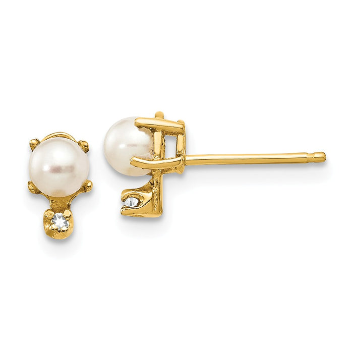 14k Yellow Gold Diamond & Freshwater Cultured Pearl Birthstone Earrings, 7mm x 3mm
