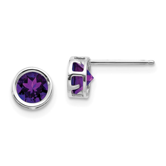 Million Charms 14k White Gold 5mm Bezel Amethyst Stud Earrings, 5mm x 5mm