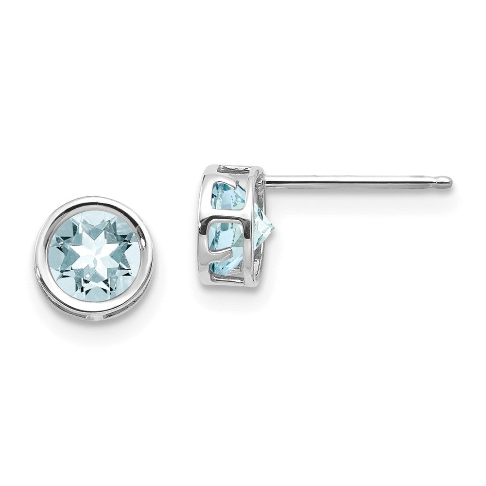 Million Charms 14k White Gold 5mm Bezel Aquamarine Stud Earrings, 5mm x 5mm