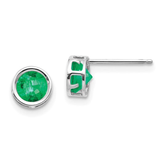 Million Charms 14k White Gold 5mm Bezel Emerald Stud Earrings, 5mm x 5mm