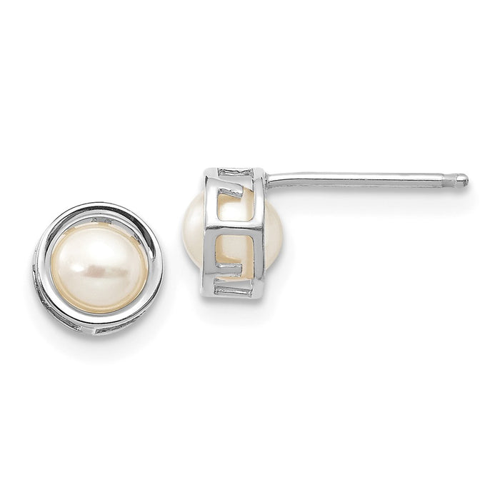 Million Charms 14k White Gold 5mm Bezel Freshwater Cultured Pearl Stud Earrings, 5mm x 5mm