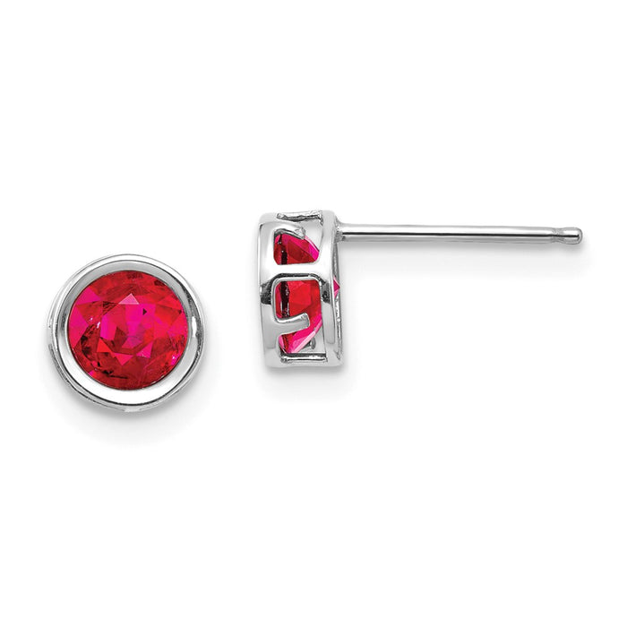 Million Charms 14k White Gold 5mm Bezel Ruby Stud Earrings, 5mm x 5mm