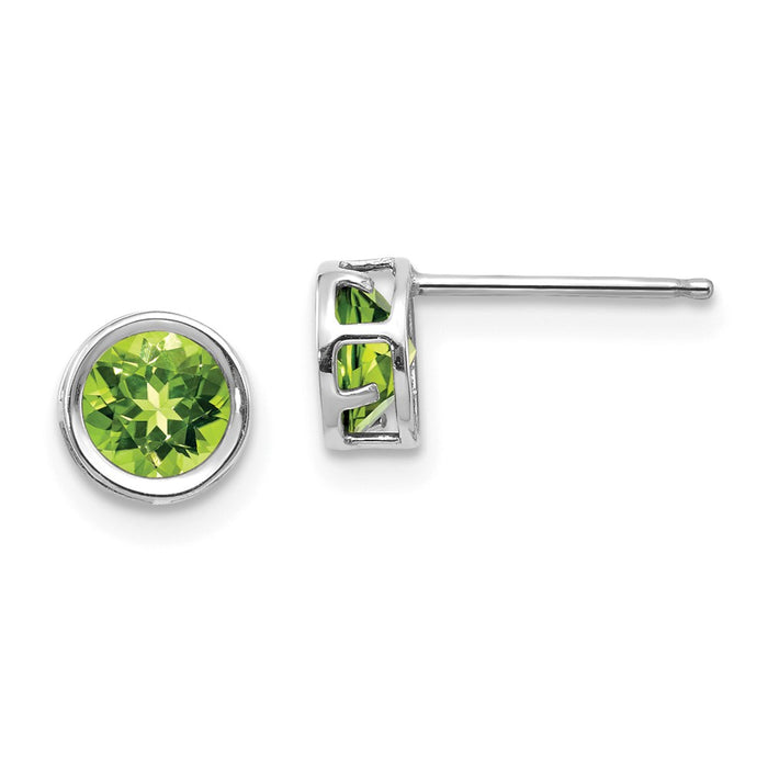 Million Charms 14k White Gold 5mm Bezel Peridot Stud Earrings, 5mm x 5mm