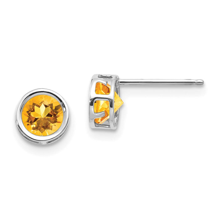 Million Charms 14k White Gold 5mm Bezel Citrine Stud Earrings, 5mm x 5mm