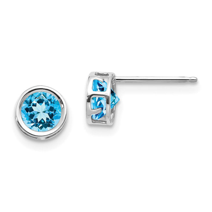 Million Charms 14k White Gold 5mm Bezel Blue Topaz Stud Earrings, 5mm x 5mm