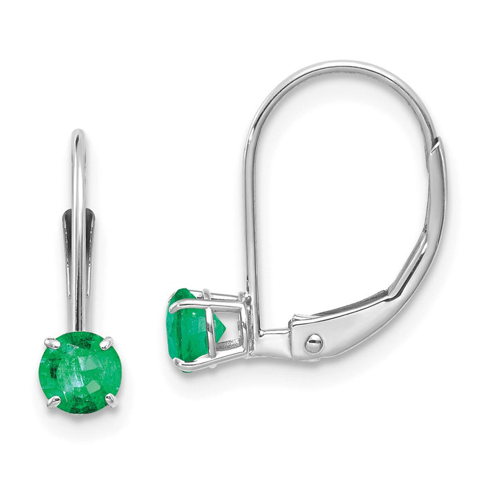 Million Charms 14k White Gold 4mm Round May/Emerald Leverback Earrings, 13mm x 4mm