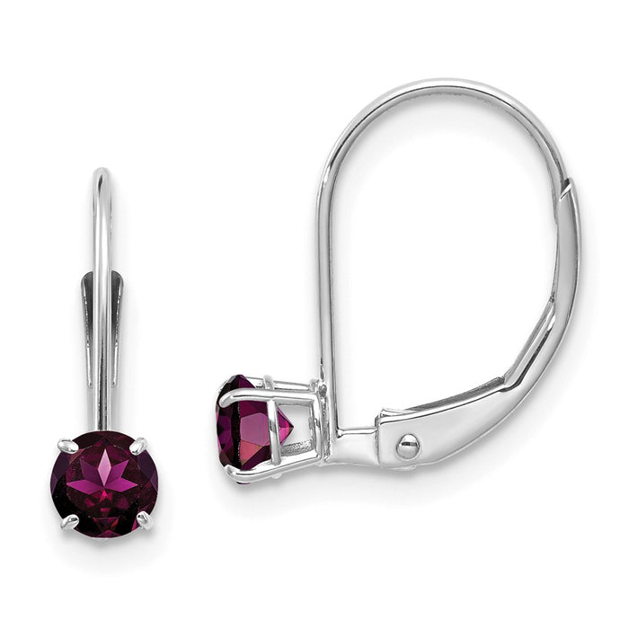 Million Charms 14k White Gold 4mm Round June/Rhodolite Leverback Earrings, 13mm x 4mm