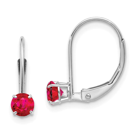 Million Charms 14k White Gold 4mm Round July/Ruby Leverback Earrings, 13mm x 4mm
