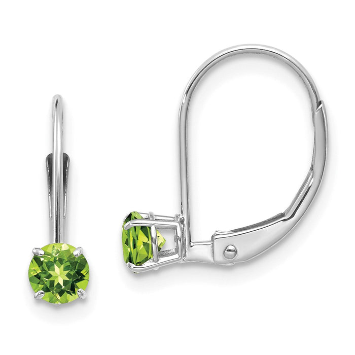Million Charms 14k White Gold 4mm Round August/Peridot Leverback Earrings, 13mm x 4mm