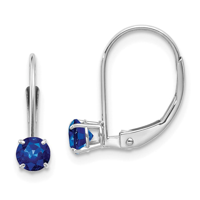 Million Charms 14k White Gold 4mm Round September/Sapphire Leverback Earrings, 13mm x 4mm