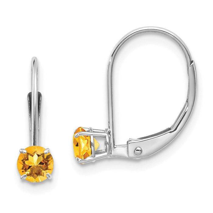 Million Charms 14k White Gold 4mm Round November/Citrine Leverback Earrings, 13mm x 4mm