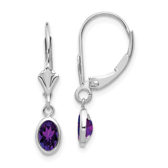 Million Charms 14k White Gold 6x4mm Oval Amethyst/February Earrings, 23mm x 4mm