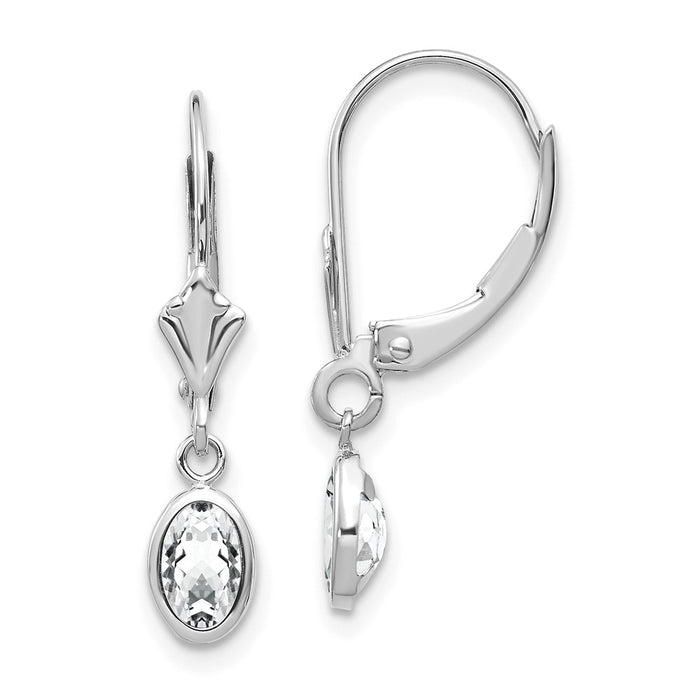 Million Charms 14k White Gold 6x4 Oval Bezel April/White Topaz Leverback Earrings, 23mm x 4mm