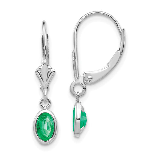 Million Charms 14k White Gold 6x4 Oval Bezel May/Emerald Leverback Earrings, 23mm x 4mm
