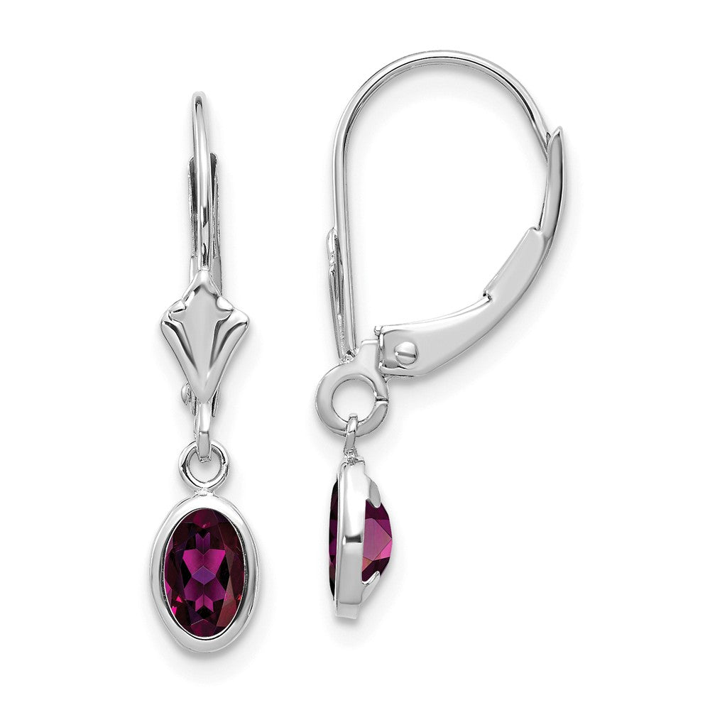 Million Charms 14k White Gold 6x4 Oval Bezel June/Rhodolite Leverback Earrings, 23mm x 4mm