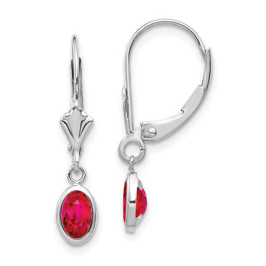 Million Charms 14k White Gold 6x4 Oval Bezel July/Ruby Leverback Earrings, 23mm x 4mm