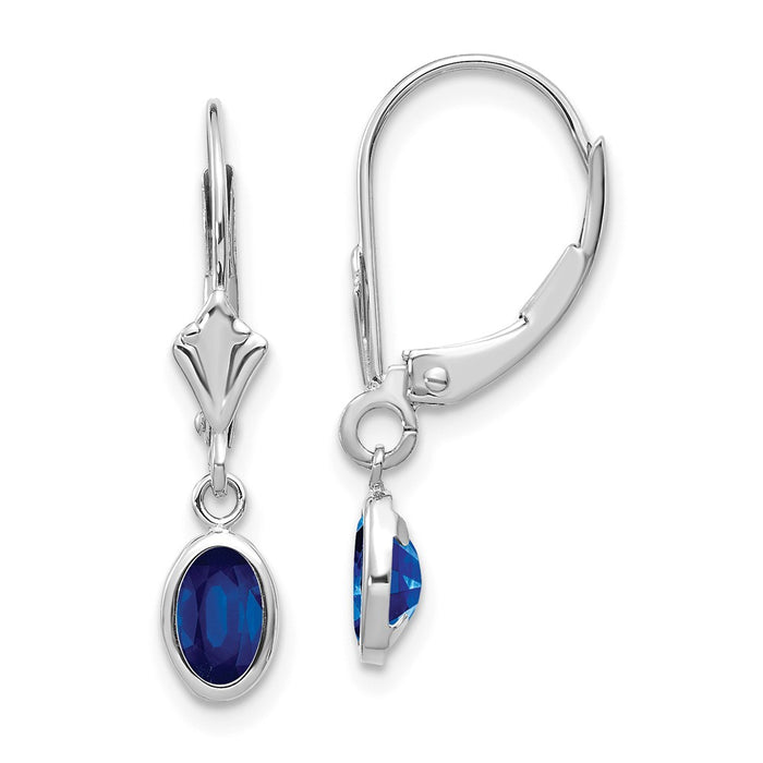 Million Charms 14k White Gold 6x4 Oval Bezel September/Sapphire Leverback Earrings, 23mm x 4mm