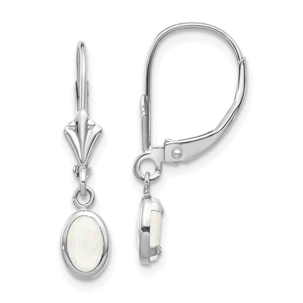 Million Charms 14k White Gold 6x4 Oval Bezel October/Opal Leverback Earrings, 23mm x 4mm