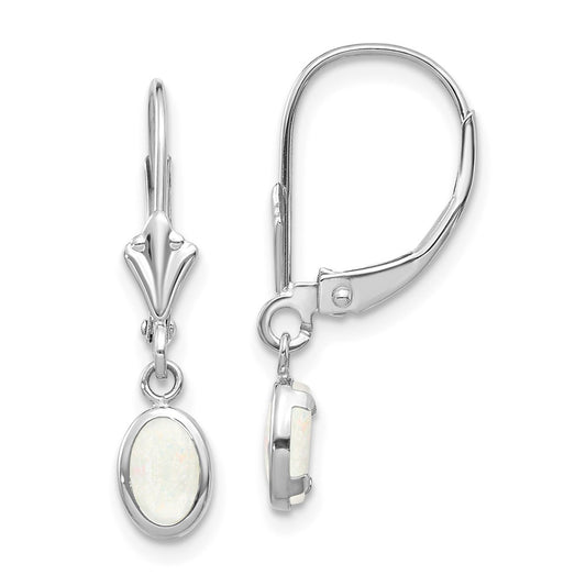 Million Charms 14k White Gold 6x4 Oval Bezel October/Opal Leverback Earrings, 23mm x 4mm