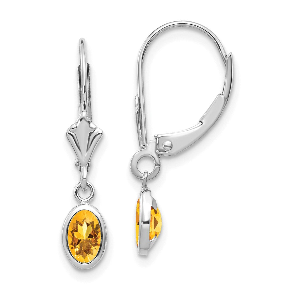 Million Charms 14k White Gold 6x4 Oval Bezel November/Citrine Leverback Earrings, 23mm x 4mm