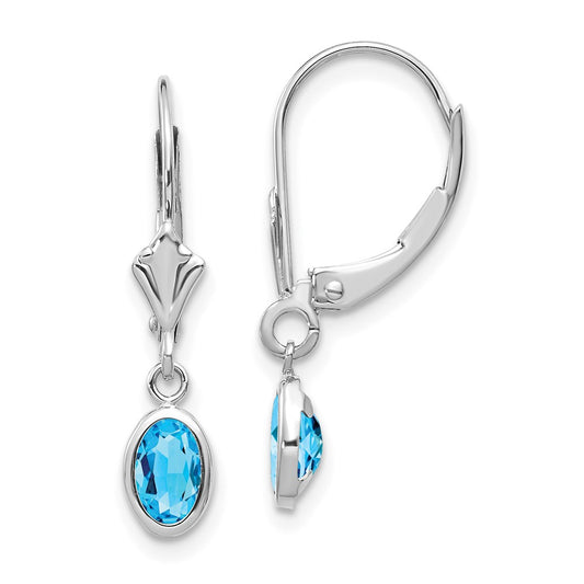 Million Charms 14k White Gold 6x4 Oval Bezel December/Blue Topaz Leverback Earrings, 23mm x 4mm
