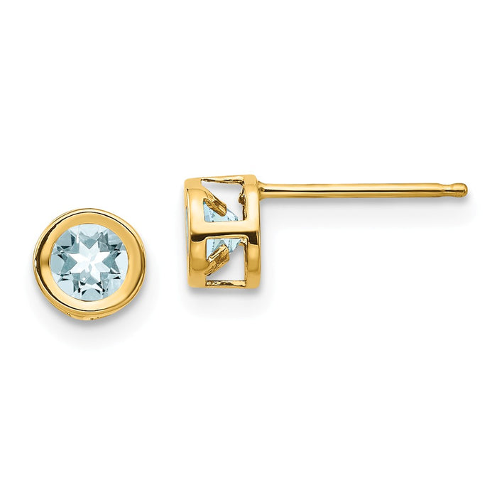 Million Charms 14k Yellow Gold 4mm Bezel March/Aquamarine Post Earrings, 4mm x 4mm