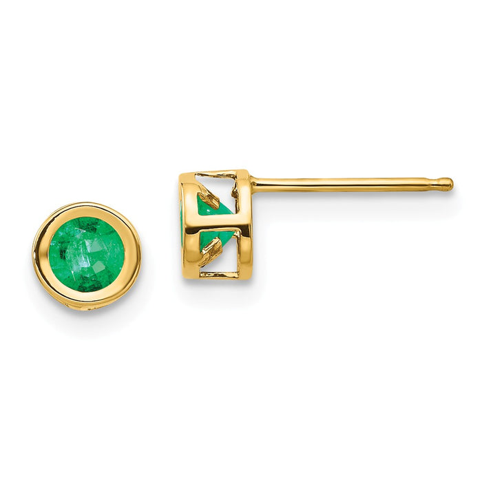 Million Charms 14k Yellow Gold 4mm Bezel May/Emerald Post Earrings, 4mm x 4mm