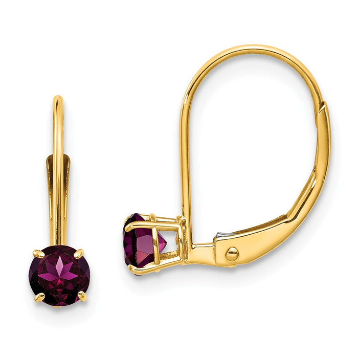 Million Charms 14k Yellow Gold 4mm Round June/Rhodolite Leverback Earrings, 13mm x 4mm