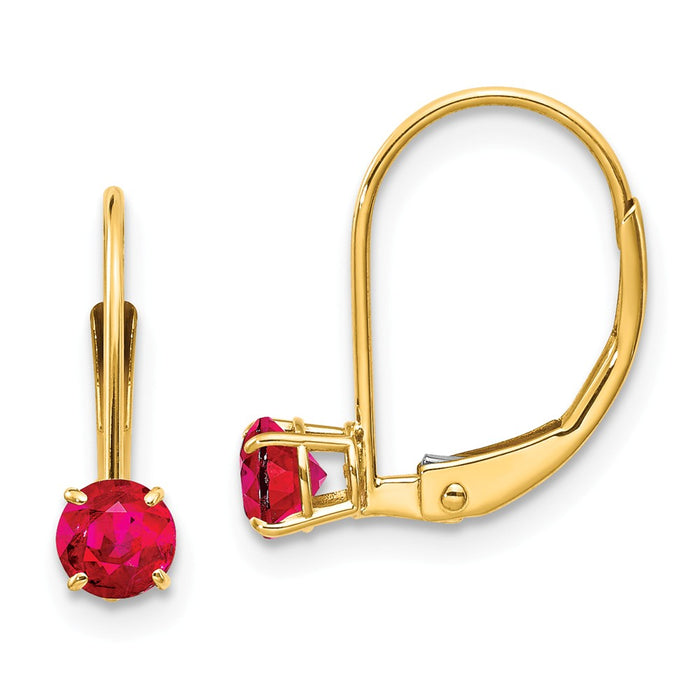 Million Charms 14k Yellow Gold 4mm Round July/Ruby Leverback Earrings, 13mm x 4mm