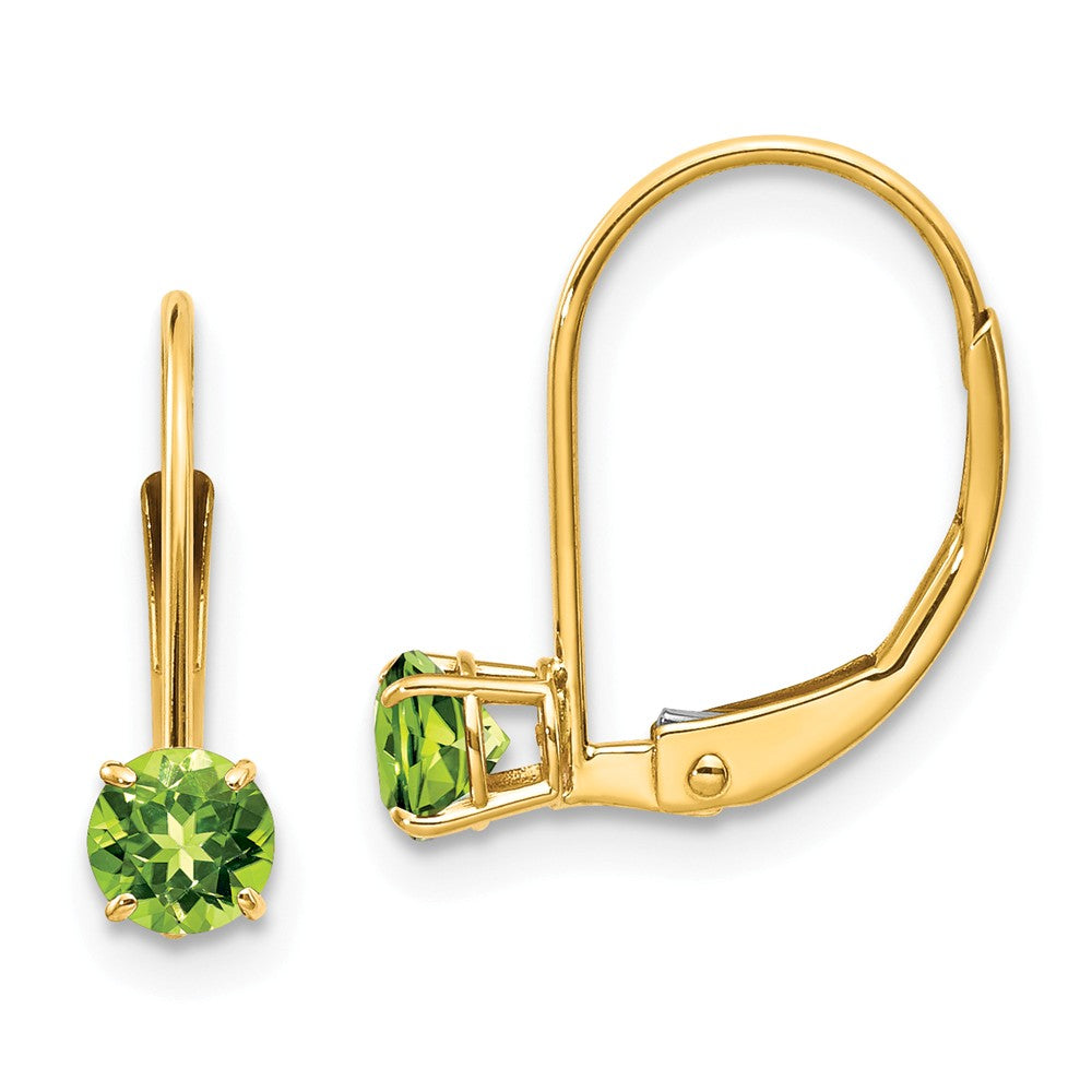 Million Charms 14k Yellow Gold 4mm Round August/Peridot Leverback Earrings, 13mm x 4mm