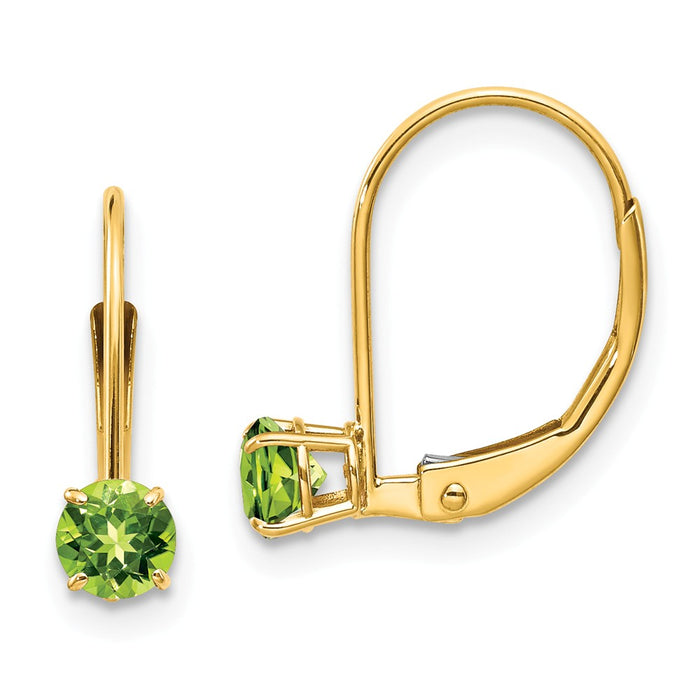 Million Charms 14k Yellow Gold 4mm Round August/Peridot Leverback Earrings, 13mm x 4mm