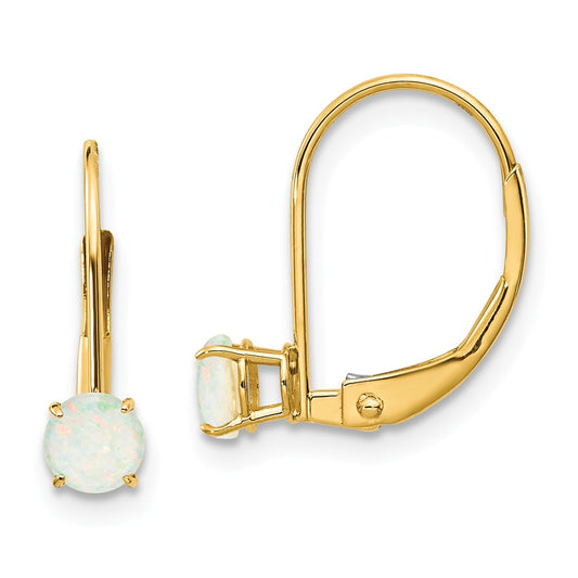 Million Charms 14k Yellow Gold 4mm Round October/Opal Leverback Earrings, 13mm x 4mm