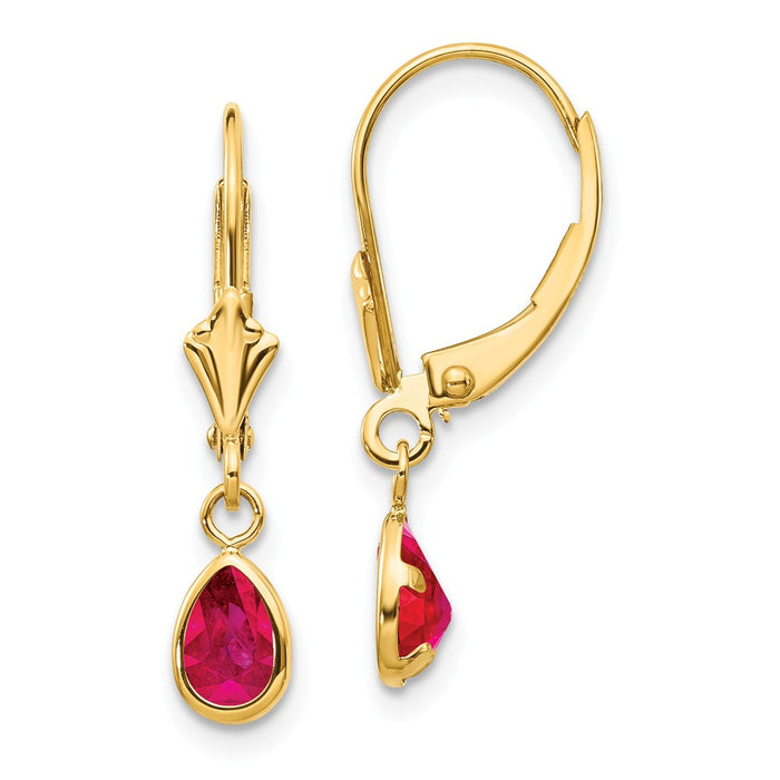 Million Charms 14k Yellow Gold 6x4mm Ruby/July Leverback Earrings, 23mm x 4mm