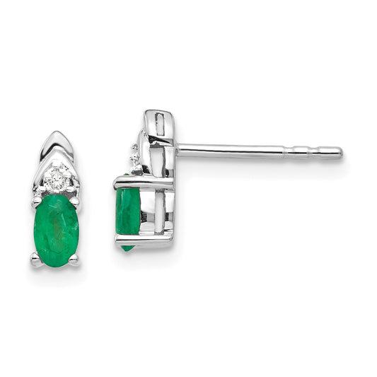 14k White Gold Emerald Diamond Earring, 9mm x 4mm