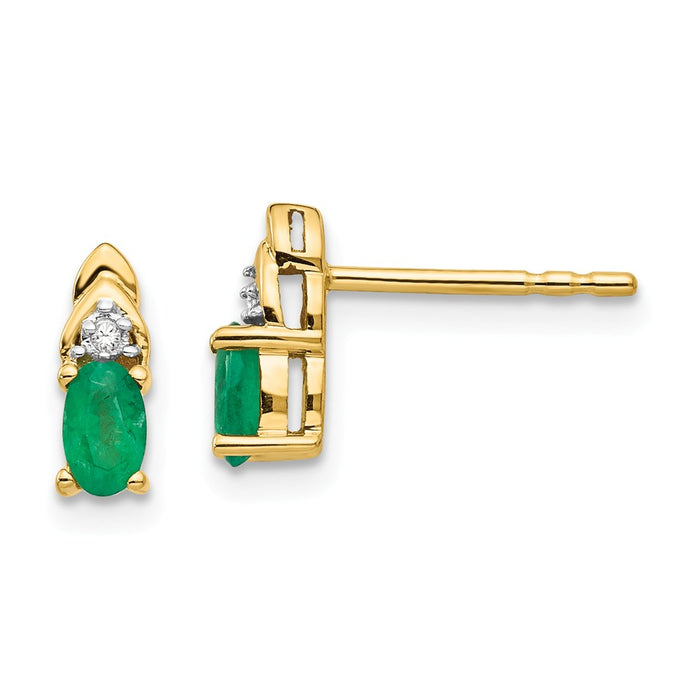 14k Yellow Gold Diamond & Emerald Earrings, 9mm x 4mm