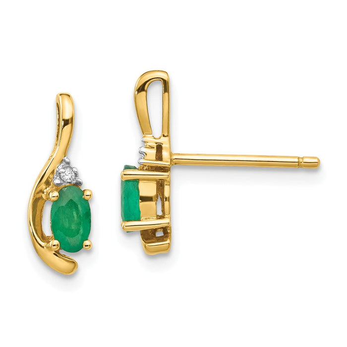 14k Yellow Gold Diamond & Emerald Earrings, 14mm x 5mm