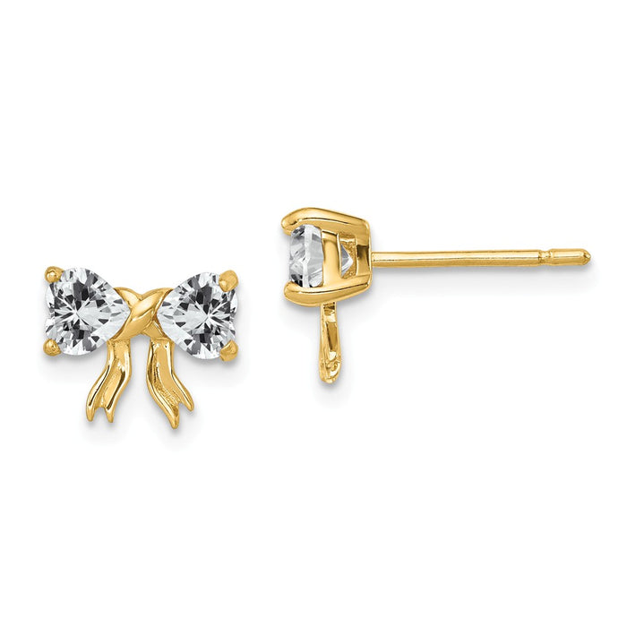 Million Charms 14k Yellow Gold Gold Polished White Topaz Bow Post Earrings, 7.5mm x 9mm