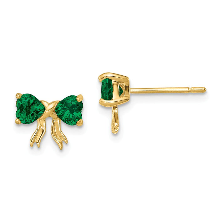 Million Charms 14k Yellow Gold Gold Polished Created Emerald Bow Post Earrings, 7.5mm x 9mm