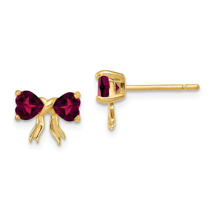 Million Charms 14k Yellow Gold Gold Polished Created Ruby Bow Post Earrings, 7.5mm x 9mm