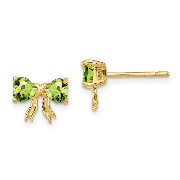 Million Charms 14k Yellow Gold Gold Polished Peridot Bow Post Earrings, 7.5mm x 9mm