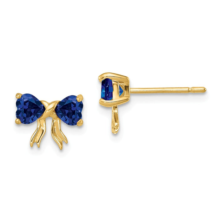Million Charms 14k Yellow Gold Gold Polished Created Sapphire Bow Post Earrings, 7.5mm x 9mm